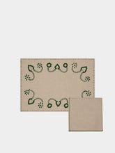 House of Capricorn Hand-Embroidered Viana Beige Linen with Green Embroidery Placemat and Napkin Set