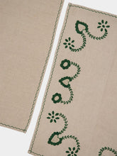 House of Capricorn Hand-Embroidered Viana Beige Linen with Green Embroidery Placemat and Napkin Set
