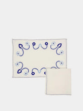 House of Capricorn Hand-Embroidered Viana White Linen with Blue Embroidery Placemat and Napkin Set