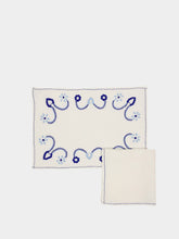 House of Capricorn Hand-Embroidered Viana White Linen with Blue Embroidery Placemat and Napkin Set