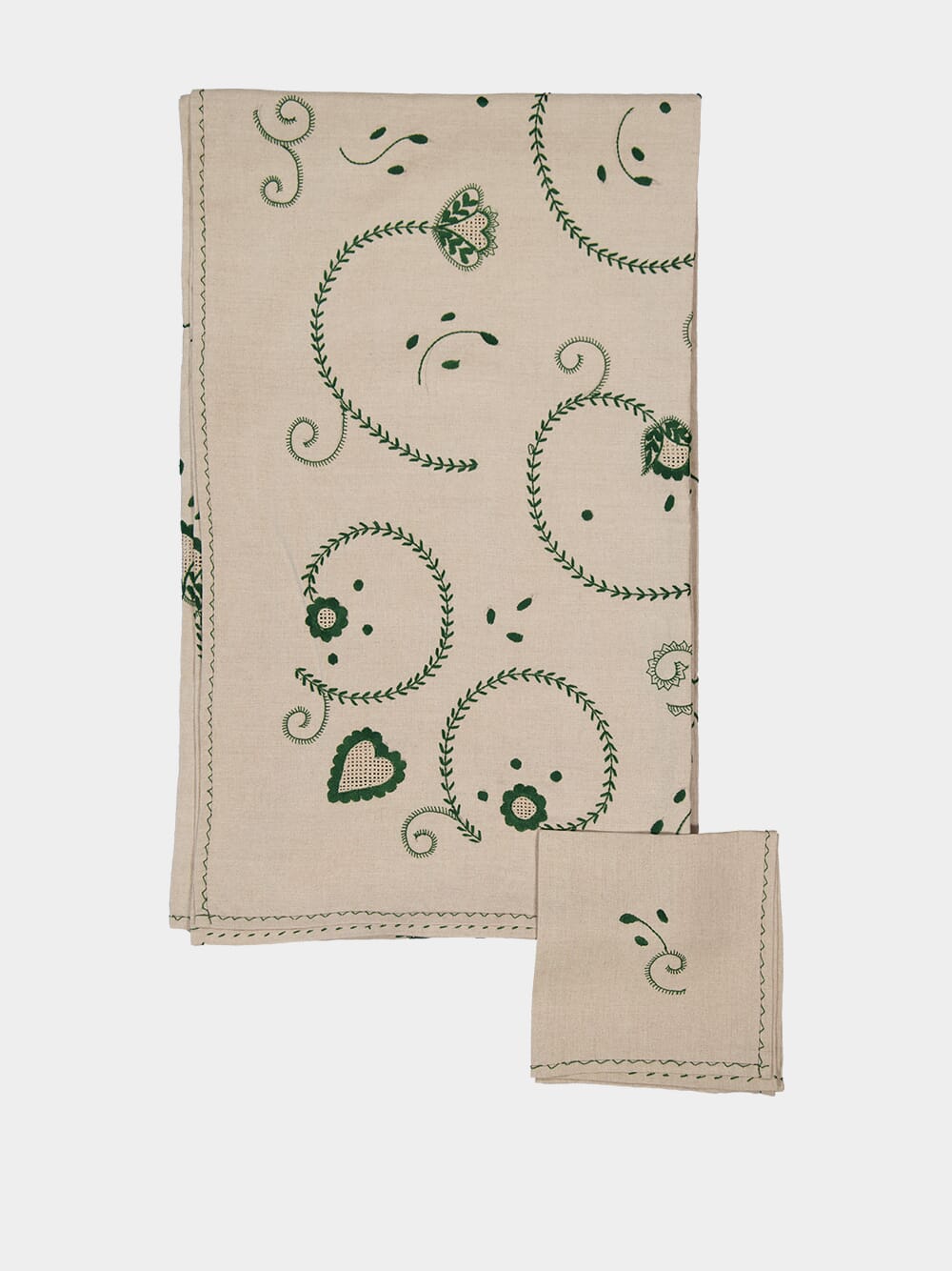 Hand Embroidered Viana Beige and Green Tablecloth and Napkin Set