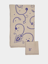 House of Capricorn Hand-Embroidered Viana Beige Linen with Blue Embroidery Tablecloth and Napkin Set
