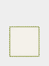 House of Capricorn Hand-Embroidered Teresa White Linen with Dark Green Crochet Cocktail Napkin