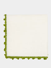 House of Capricorn Hand-Embroidered Teresa White Linen with Dark Green Crochet Cocktail Napkin