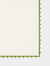 House of Capricorn Hand-Embroidered Teresa White Linen with Dark Green Crochet Cocktail Napkin