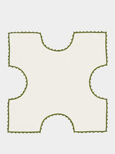 House of Capricorn Hand-Embroidered Teresa White Linen with Dark Green Crochet Bread Basket Cloth