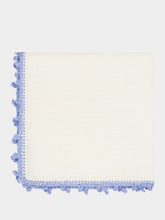 House of Capricorn Hand-Embroidered Teresa White Linen with Light Blue Crochet Cocktail Napkin