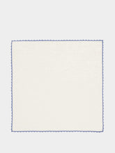 House of Capricorn Hand-Embroidered Teresa White Linen with Light Blue Crochet Napkin