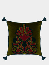 House of Capricorn Teles Dark Green Velvet and Chenille Embroidered Cushion