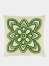 House of Capricorn Handmade Florea Natural Linen and Green Embroidered Cushion