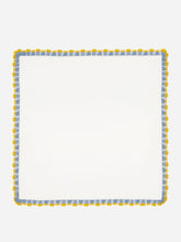 House of Capricorn Hand-Embroidered Leonor Ecru Linen with Blue and Yellow Crochet Napkin