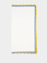 House of Capricorn Hand-Embroidered Leonor Ecru Linen with Blue and Yellow Crochet Napkin