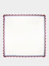 House of Capricorn Hand-Embroidered Leonor Ecru Linen with Blue and Bordeaux Crochet Napkin