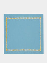 House of Capricorn Hand-Embroidered Maria Turquoise Linen with Yellow Embroidery Napkin