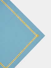 House of Capricorn Hand-Embroidered Maria Turquoise Linen with Yellow Embroidery Napkin