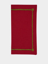 House of Capricorn Hand-Embroidered Maria Bordeaux Linen with Green Embroidery Napkin