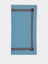 House of Capricorn Hand-Embroidered Maria Turquoise Linen with Brown Embroidery Napkin
