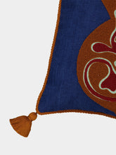 House of Capricorn Teles Blue Cotton Linen and Chenille Embroidered Cushion