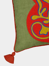 House of Capricorn Teles Green Cotton Linen and Chenille Embroidered Cushion