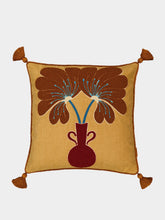 House of Capricorn Teles Mustard Cotton Linen and Chenille Embroidered Cushion