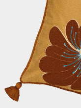 House of Capricorn Teles Mustard Cotton Linen and Chenille Embroidered Cushion