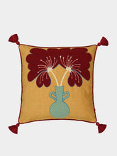 House of Capricorn Teles Mustard Cotton Linen and Chenille Embroidered Cushion