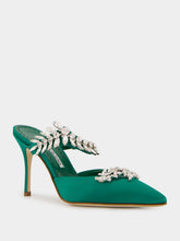 Manolo Blahnik Green Satin Crystal Embellished Mules