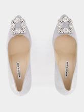 Manolo Blahnik Hangisi Silver Glitter Fabric Jewel Buckle Pumps