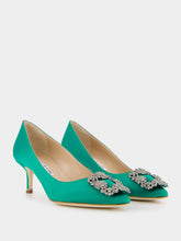 Manolo Blahnik Hangisi Emerald Satin Jewel 50mm Pumps