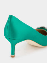 Manolo Blahnik Hangisi Emerald Satin Jewel 50mm Pumps