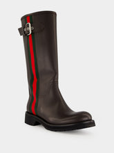 Gucci Brown Leather Biker Boots with Web