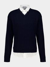 Balenciaga Navy Hybrid Ribbed Knit Shirt Sweater