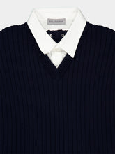 Balenciaga Navy Hybrid Ribbed Knit Shirt Sweater
