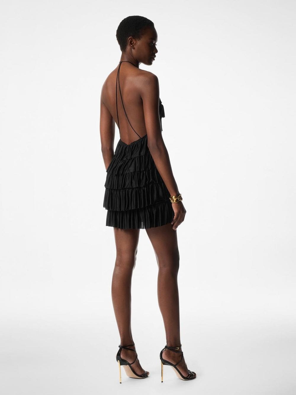 Black Lustrous Jersey Ruffled Cocktail Dress