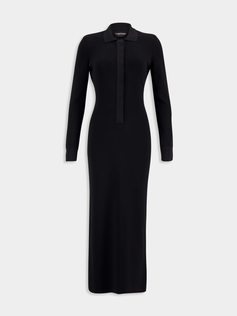 Black Full Needle Stretch Wool Polo Maxi Dress