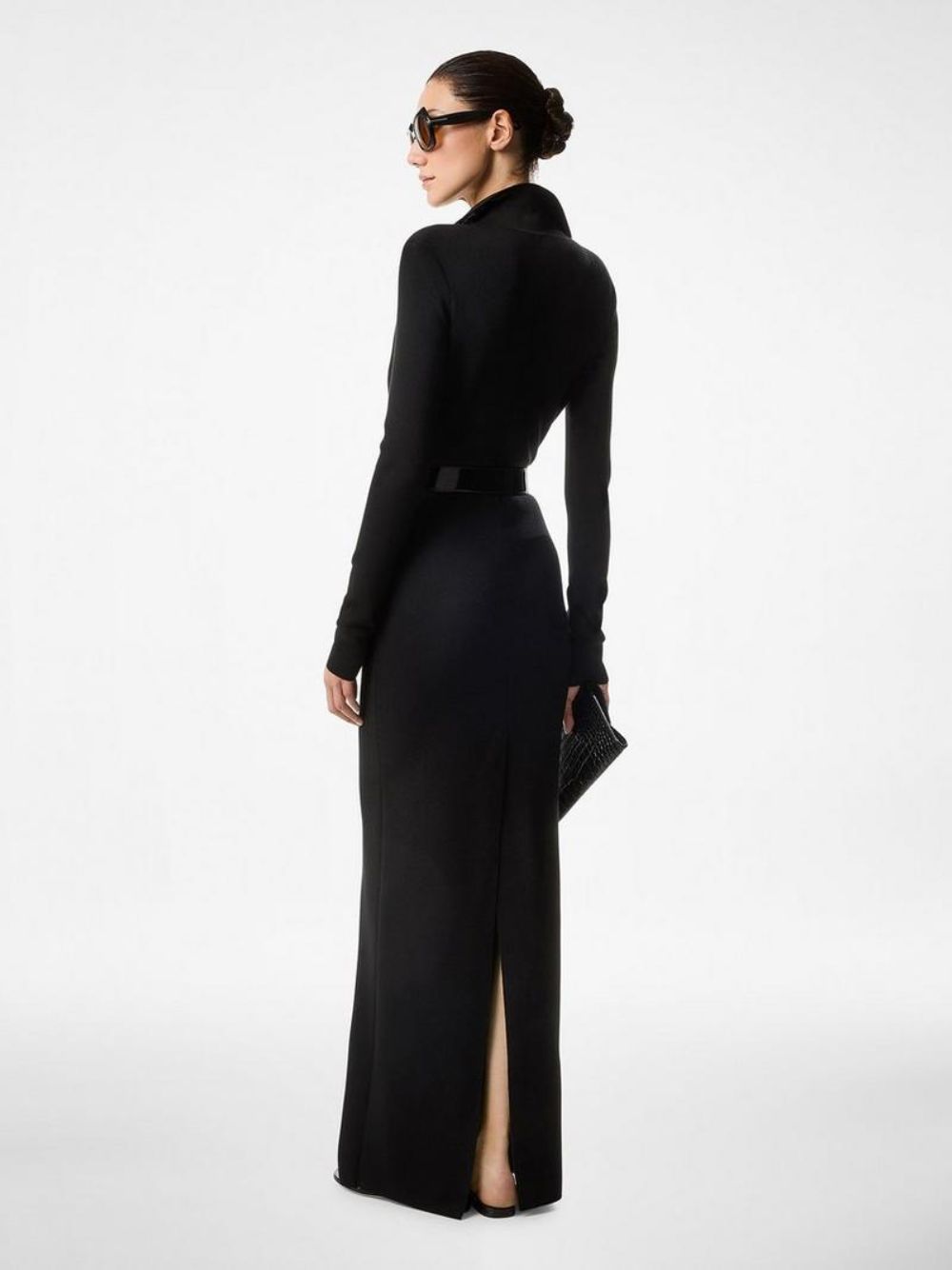 Black Full Needle Stretch Wool Polo Maxi Dress