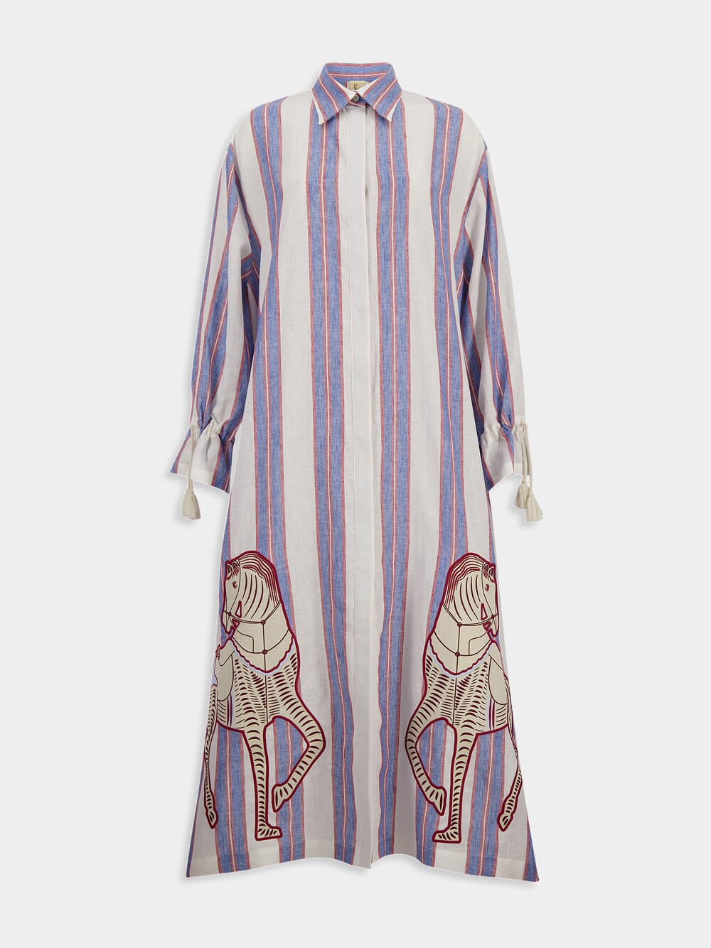 Almandine Linen Striped Dress With Embroidery Patches