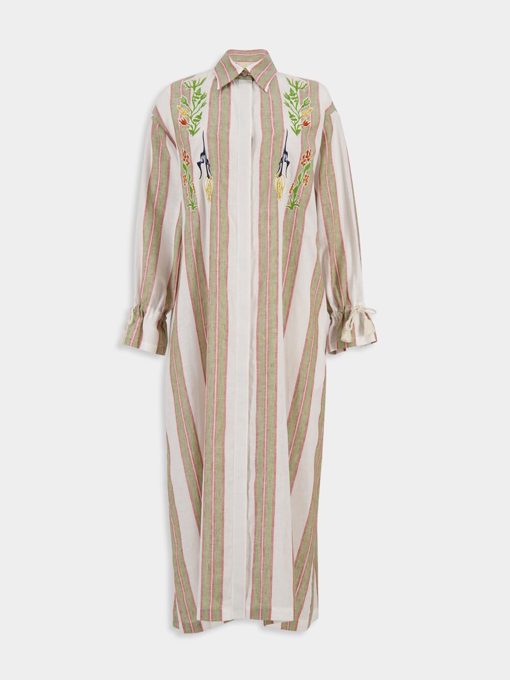 Almandine Linen Striped Dress With Embroideries