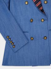 Paula Ava Denim Double-Breasted Blazer with Silk Lapel