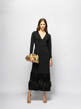 Paula Sakura Black Embroidered Long-Sleeved Maxi Dress with Feathers