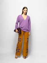 Paula Alice Golden Brown Wide-Leg Suede Pants with Embroidery