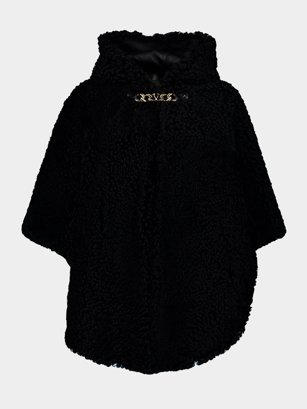 Hooded Curly Shearling Cape