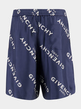 Givenchy Navy Silk Bermuda Shorts with Logo Shadow Print