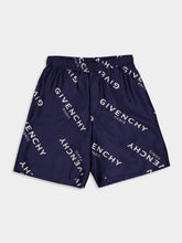 Givenchy Navy Silk Bermuda Shorts with Logo Shadow Print