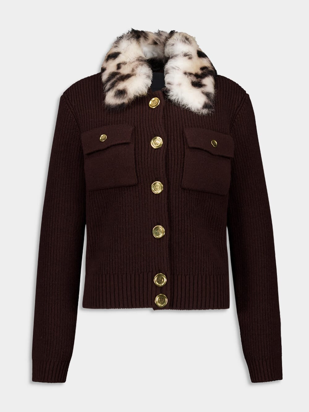 Russet Brown Wool and Cashmere Cardigan with Fur Collar