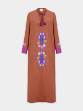 Paula Camille Caramel Café Linen Dress with Embroidered Patches and Belt