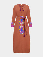 Paula Camille Caramel Café Linen Dress with Embroidered Patches and Belt