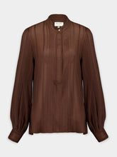 Zeus+Dione Brown Hera Textured Silk Mao Collar Blouse
