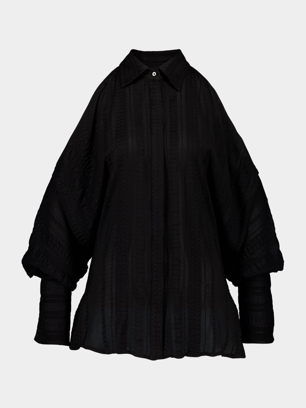 Black Off-Shoulder Geranium Textured Silk Shirt