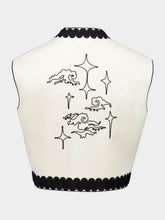Zeus+Dione Ivory Stars Cropped Vest with Black Embroidery